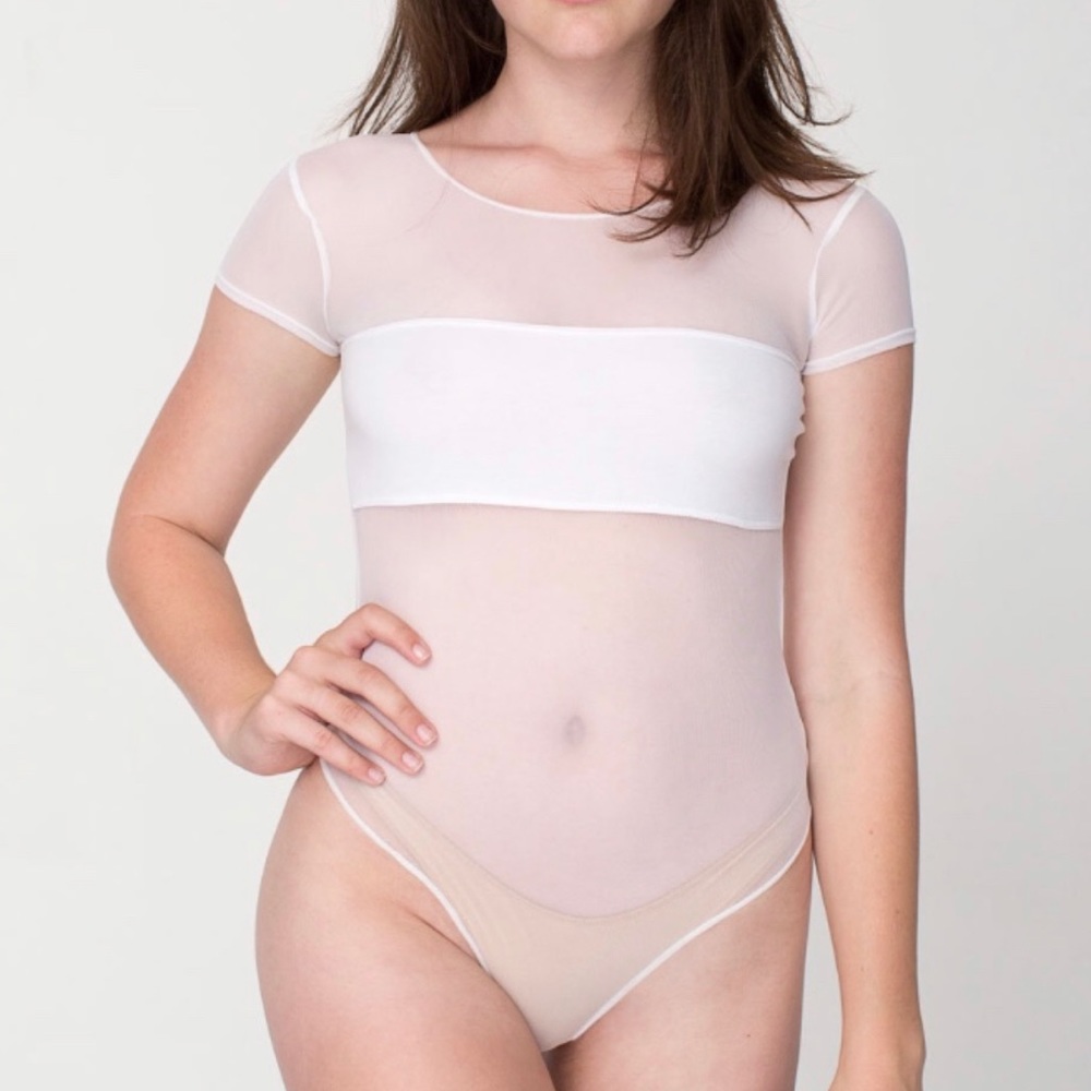 American Apparel White Mesh Stripe Thong Bodysuit